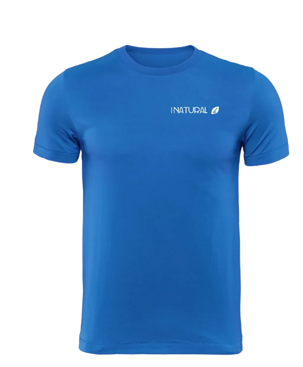 An INATURAL performance sports tee in brand blue, shown front-on with the INATURAL wordmark at the chest